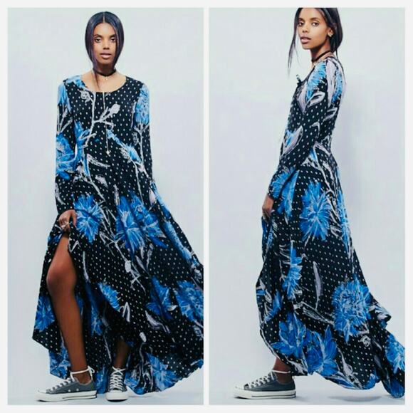 FREE PEOPLE Black Purple & Blue Floral Print Dress – Medium - Picture 6 of 14